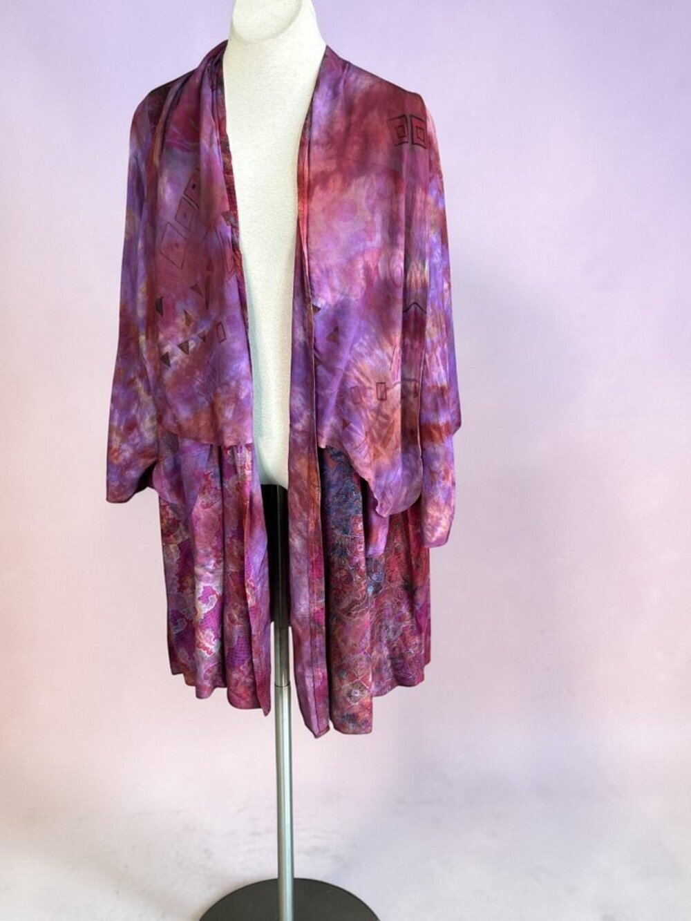 URU Kimono Duster Jacket Purple Tie Dye Paisley Boho Open Drape Flowy USA Made